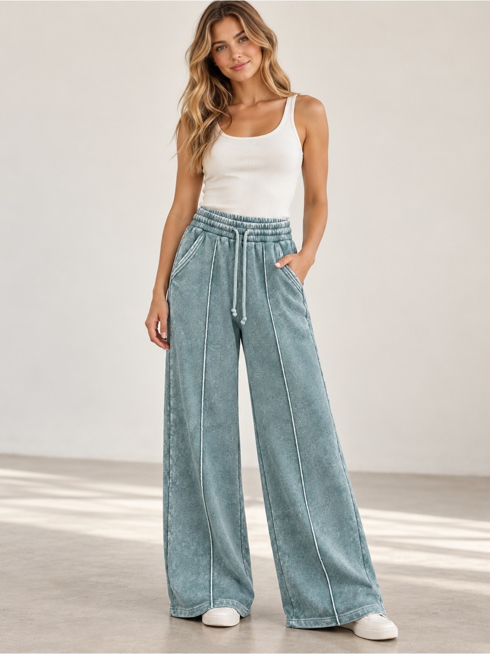 Zenana Acid Wash Fleece Pintuck Wide Leg Pants – Ash Jade 💚